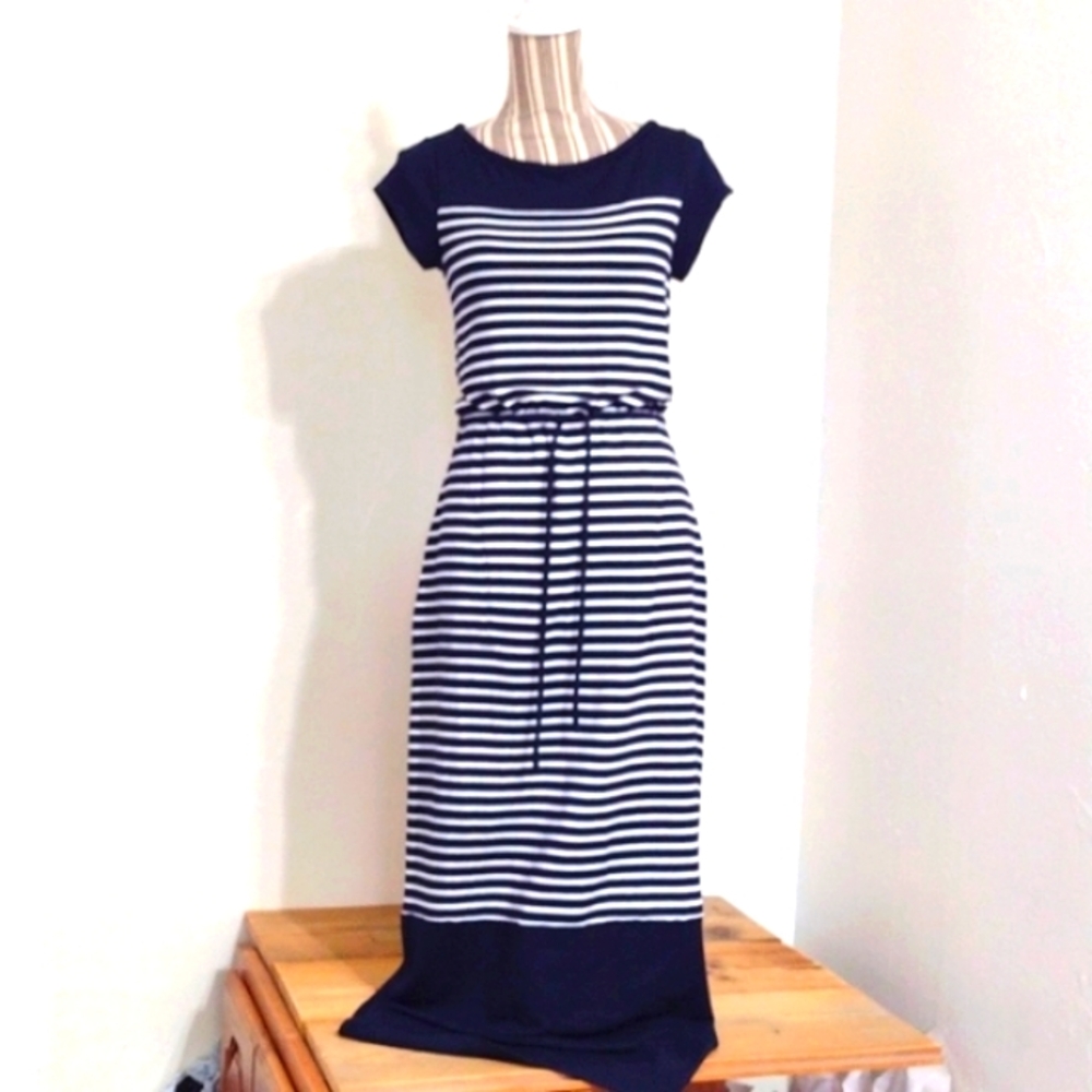 Talbots Striped Jersey Knit Short Sleeve Drawstring Waist Maxi Dress Size S